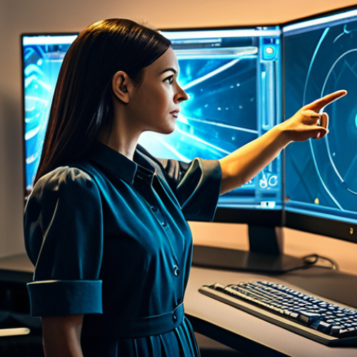A skilled game developer, fully clothed in professional dress, stands in a modern, well-lit game design studio. She is pointing at a holographic display showing abstract, stylized concept art representing a new character class, evoking a sense of mystery and anticipation for a new game. Her expression is thoughtful and focused. The studio features sleek desks and monitors displaying complex design schematics. The atmosphere is innovative and creative. Safe for work, appropriate content, modest clothing, perfect anatomy, natural proportions, well-formed hands, proper finger count, natural body proportions, professional photography, high quality, family-friendly.