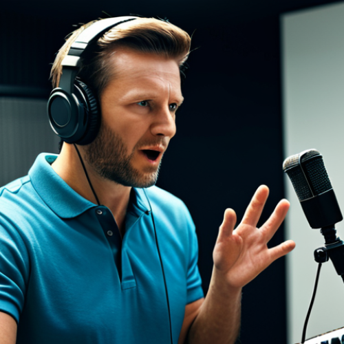 Home 9 A professional male voice actor in a modern recording studio, fully clothed in a modest, professional polo shirt, wearing high-quality headphones, speaking intently into a large condenser microphone. He is capturing the nuanced emotional depth of a game character. The studio background features soundproofed walls and a mixing board in the soft-focus distance. The image is a professional close-up shot, with cinematic lighting and crisp detail, safe for work, appropriate content, perfect anatomy, correct proportions, natural pose, well-formed hands, proper finger count, natural body proportions.