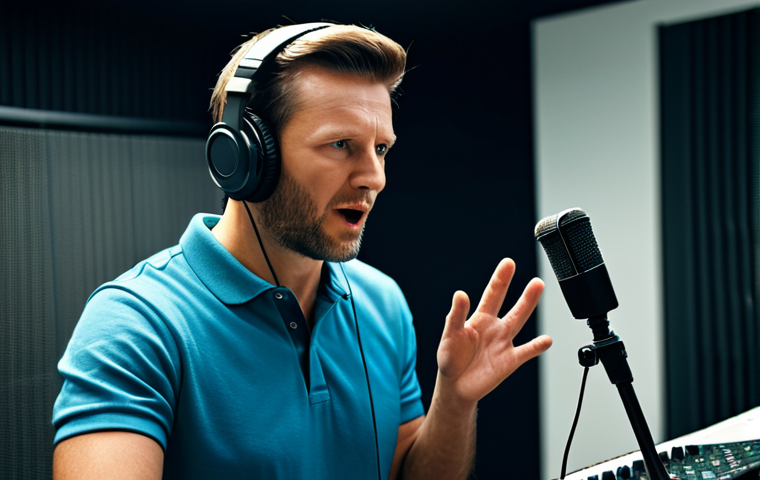 A professional male voice actor in a modern recording studio, fully clothed in a modest, professional polo shirt, wearing high-quality headphones, speaking intently into a large condenser microphone. He is capturing the nuanced emotional depth of a game character. The studio background features soundproofed walls and a mixing board in the soft-focus distance. The image is a professional close-up shot, with cinematic lighting and crisp detail, safe for work, appropriate content, perfect anatomy, correct proportions, natural pose, well-formed hands, proper finger count, natural body proportions.